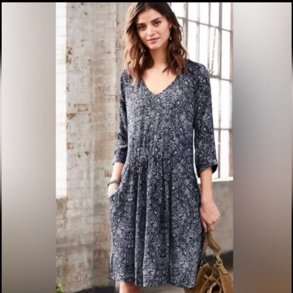 Garnet Hill Floral Boho Paisley Easy Pocket Dress in Navy SZ L SZ 12